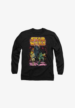 Schwarzes Langarm-T-Shirt mit buntem "Star Wars"-Grafikdesign, das Charaktere in Aktion zeigt, einschließlich Lichtschwerter und Blaster.