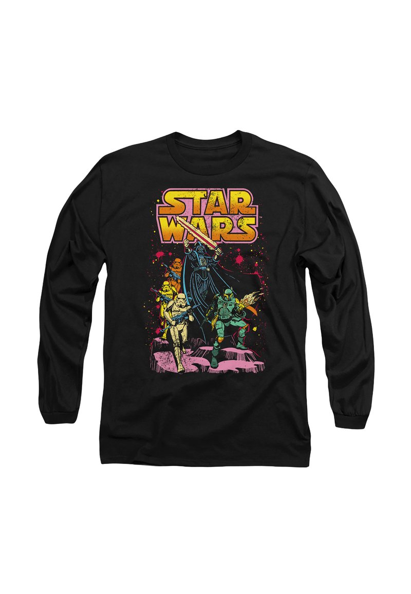 Black long-sleeve t-shirt featuring colorful "Star Wars" graphic with characters in action, including lightsabers and blasters.
