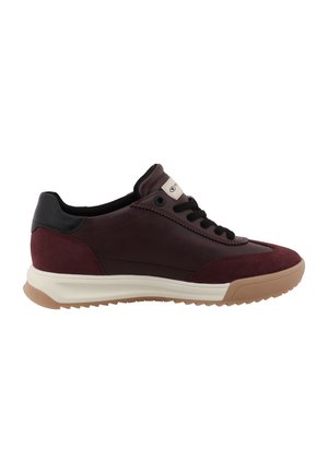 Zapatilla baja de color burdeos oscuro y negro con cordones negros, media suela blanca y suela de goma marrón claro, vista de lado.