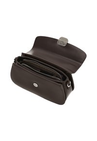 Portofel maro din piele cu textură netedă, închizătoare cu accesorii argintii, mai multe compartimente și interior cu fermoar pentru organizare.