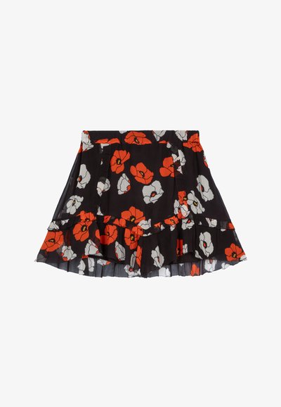 Zwarte minirok met rood-witte klaproosbloemenprint en gerimpelde zoom.