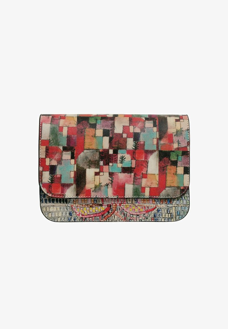 Multicolored leather clutch with a geometric pattern, featuring a flap closure and textured accents in pink and blue tones.