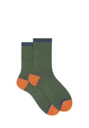 Calzini a righe verdi e blu navy con dettagli arancioni su punta e tallone. Realizzati in materiale morbido con un design a coste confortevole.