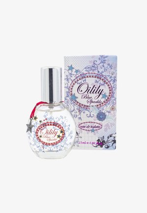 Klares Glasparfümfläschchen mit silberner Kappe, rotem Faden und Sternanhänger. Blumenmusterbox in Pastellfarben mit verspielten Designelementen.