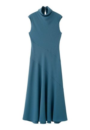 Vestido midi sin mangas de color verde azulado con cuello alto, cierre de botón en la espalda con abertura en forma de lágrima y detalles de costuras diagonales.