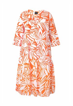 Oranje en witte jurk met bloemenpatroon, V-hals, driekwart mouwen en een gelaagde rucheszoom. Gemaakt van lichte stof.