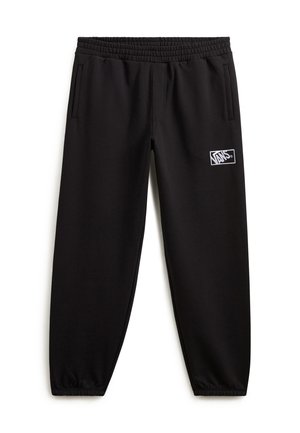 Black sweatpants featuring an elastic waistband, two side pockets, and a white logo patch on the left leg. Smooth, stretchy fabric.