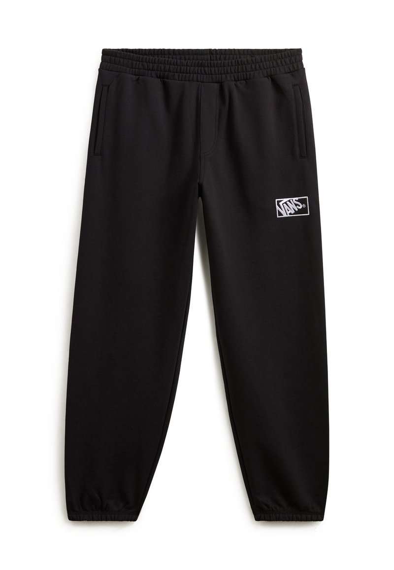 Zwarte trainingsbroek met een elastische tailleband, twee zijzakken en een witte logopatch op het linkerpand. Glad, rekbaar materiaal.