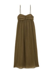 Olivgrünes, knielanges Kleid mit dünnen Trägern, das ein gerafftes Oberteil und einen fließenden Rock aus leichtem Stoff mit strukturierter Oberfläche aufweist.