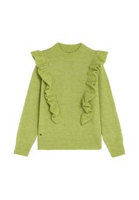 Suéter verde con un cuello alto y detalles de volantes verticales en la parte delantera. Hecho de una tela suave y texturizada con mangas largas.