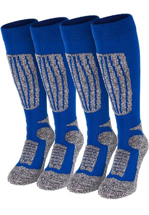 Blue knee-high socks with silver, textured vertical stripes and dark gray padded soles. Includes reinforced toe and heel areas for durability.