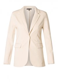Beige getailleerde blazer met een enkele knoopsluiting, gegoten revers en twee voorzakken. Gladde stof en een stijlvolle snit.