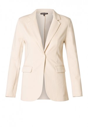 Beige getailleerde blazer met een enkele knoopsluiting, gegoten revers en twee voorzakken. Gladde stof en een stijlvolle snit.