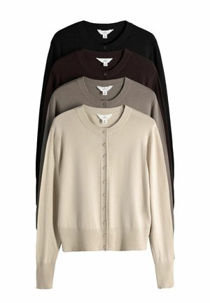 Quatre cardigans à manches longues boutonnés en beige, taupe, marron foncé et noir, empilés verticalement sur un fond blanc.