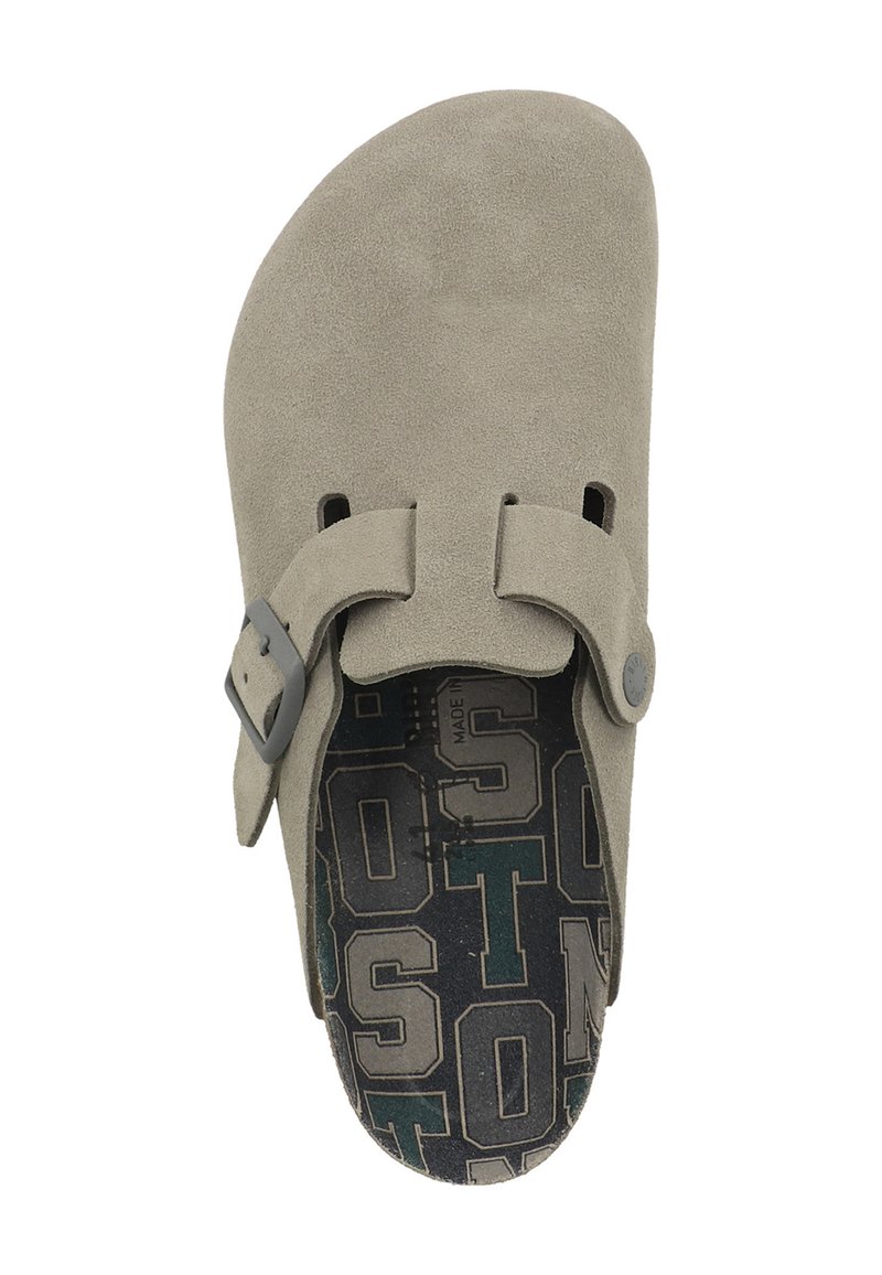 Gray suede mule with two adjustable straps, dark hardware, and a patterned dark insole featuring "BOSTON" in bold letters.