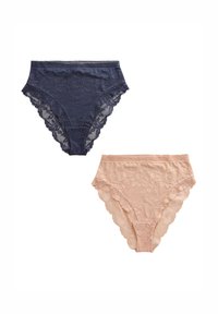 Pitsist aluspüksikomplekt tumesiniseks ja nude toonis. Tumesinisel on lillelise pitsiga ääris; nude toonil on sile tekstuur, mille ääred on pitsiliste aktsentidega.