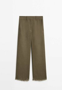 Pantalon à jambes larges vert olive avec un ourlet effiloché, doté de deux poches latérales et d'une finition texturée lisse.