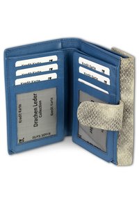 Blue leather wallet with a textured silver accent, featuring multiple card slots and transparent ID windows for easy access.