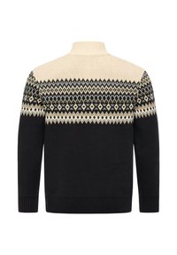 Schwarzer Strickpullover mit einem cremefarbigen, geometrischen Muster an den Schultern. Verfügt über einen hohen Kragen und gerippte Bündchen.