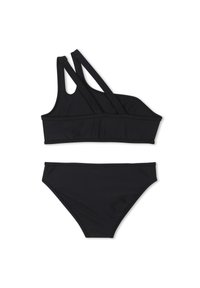 Bikini noir en deux pièces fabriqué en tissu lisse. Le haut présente des bretelles croisées et un décolleté arrondi, tandis que le bas a une coupe classique.