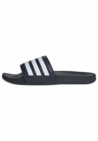 Navy slide sandal with a textured black sole, featuring a wide upper strap adorned with three white stripes. Made of synthetic material.