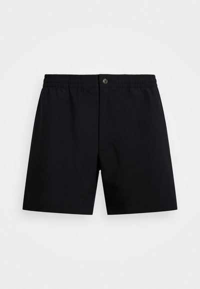 Mustat uimapuvut, joissa on joustava vyötärö narulla ja napilla suljettuna, valmistettu sileästä ja kevyestä kankaasta.