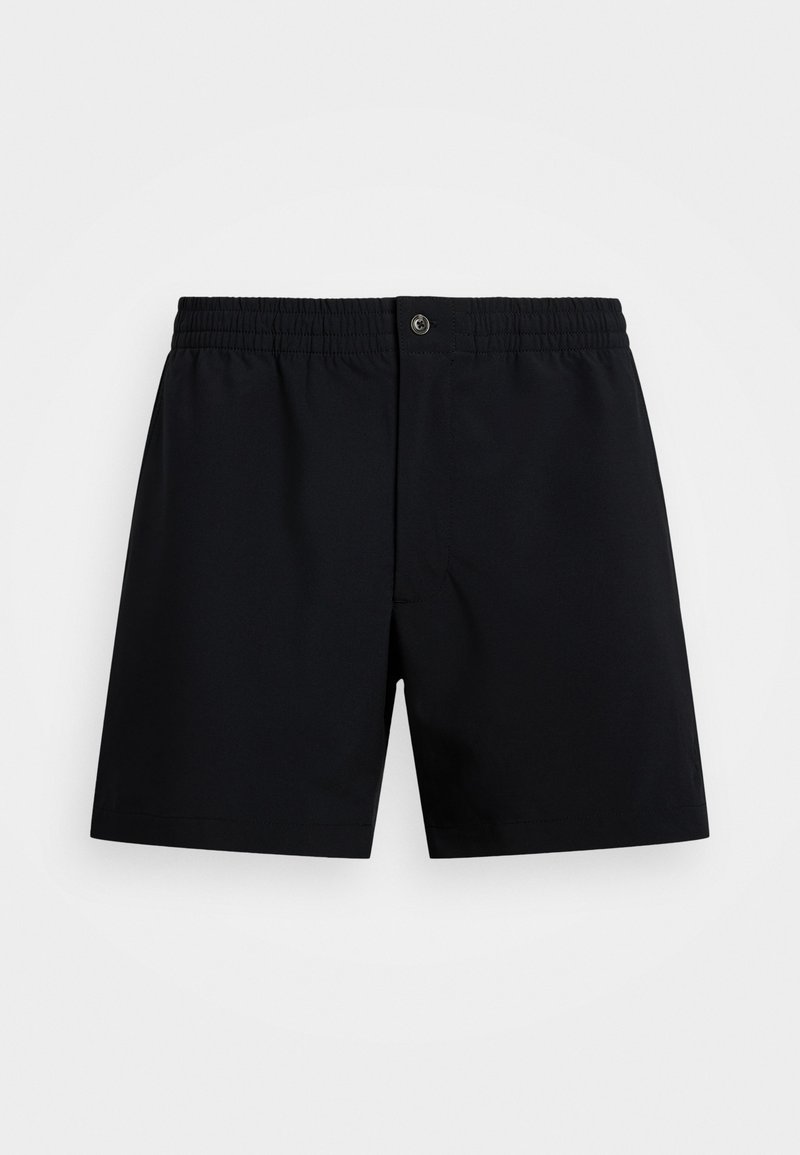 Juodos maudymosi šortai su elastine juosta ir šnare, užsegami mygtuku, pagaminti iš lygios, lengvos medžiagos.