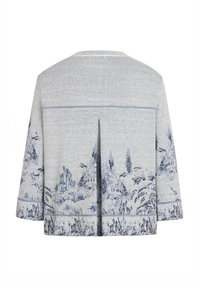 Gray knit cardigan featuring a blue scenic print, short sleeves, a round neckline, and a back vent detail for movement.