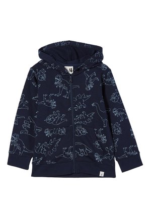 Sweat à capuche zippé pour enfants bleu marine avec capuche et motifs de squelette de dinosaure bleu clair partout.