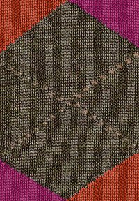 Tkanina z geometrycznym wzorem w żywych kolorach: ciemna zieleń, pomarańcz, róż i brąz, ukazująca plecioną teksturę.