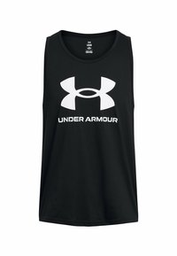 Czarny bezrękawnik wykonany z gładkiej tkaniny, z dużym białym logo Under Armour na całej przedniej części, z okrągłym dekoltem.