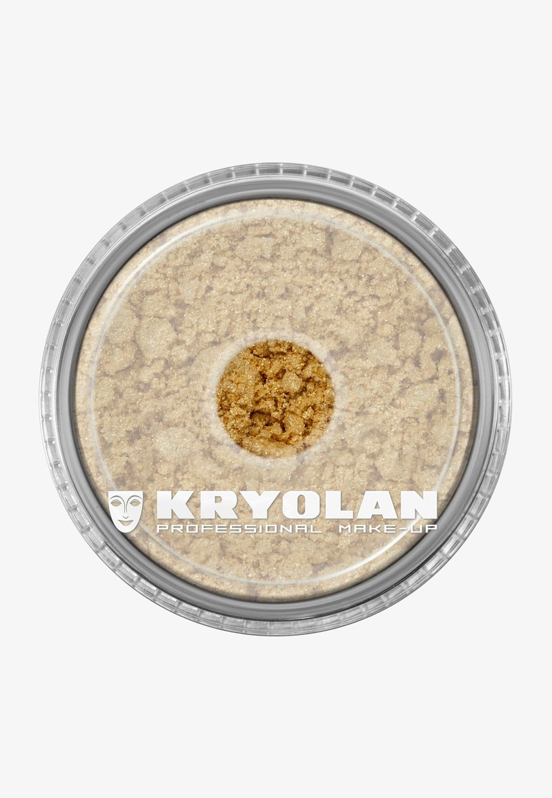Loose beige and gold shimmer powder makeup in a round clear container with Kryolan Professional Make-Up branding on the lid.