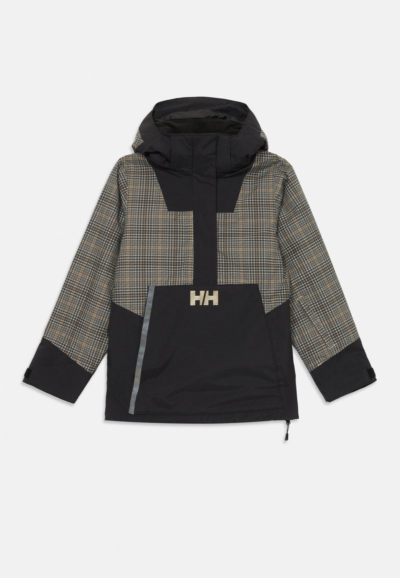 Veste noire et à carreaux avec une grande capuche, un motif géométrique et un logo sur le devant. Comprend des poches et une texture lisse.
