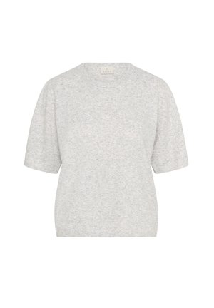 Maglione grigio chiaro a maniche corte, colletto rotondo, tessuto morbido, vestibilità leggermente ampia, con un minimo motivo mélange e dettagli a coste sull'orlo.