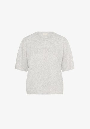 Svijetlosivi kratki džemper s kratkim rukavima, okrugli izrez, mekan na dodir, blago širokog kroja, s minimalnim melange uzorkom i rebrastim detaljima na rubu.