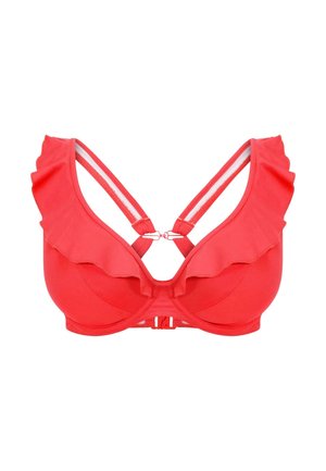 Haut de bikini rouge avec des bords froncés, des bretelles réglables et une fermeture à crochets au dos. Matière lisse avec une forme structurée.