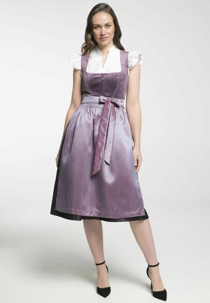 Purple satin dress with a fitted bodice, ruffled white sleeves, and a belted waist. The skirt transitions to a lighter shade.