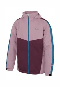 Farbblockierte Jacke mit einem oberen Abschnitt in Hellrosa, einem unteren Abschnitt in Dunkelviolett und türkisfarbenen Seitenelementen. Verfügt über eine Kapuze und Reißverschlusstaschen.