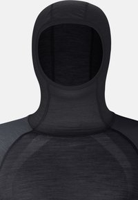 Black hooded thermal garment featuring a smooth texture and flatlock seams. Designed with a high neck for complete coverage.