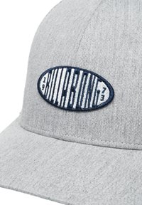 Gray baseball cap featuring a navy blue embroidered oval logo with vertical white stripes, smooth texture, and a curved brim.