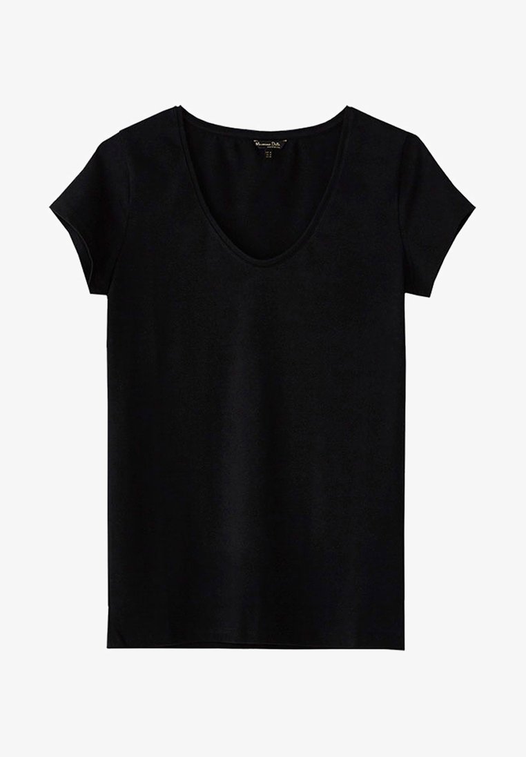 T-shirt noir à manches courtes avec col rond, devant uni et petite étiquette de marque visible à l'intérieur du col.