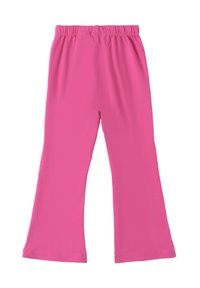 Pantalones de tela rosa, elásticos, con una cinturilla elástica, perneras acampanadas y una textura suave. Sin patrones visibles ni detalles metálicos.