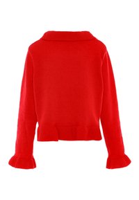 Maglione rosso lavorato a maglia con colletto a coste, maniche lunghe e polsini svasati. Design cropped con finitura testurizzata e vita elastica.