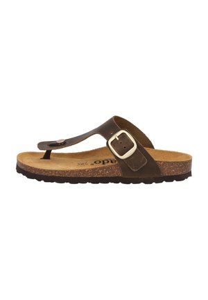Brown leather thong sandal with a buckle accent, cork footbed, and textured rubber sole. Minimalist design suitable for casual wear.
