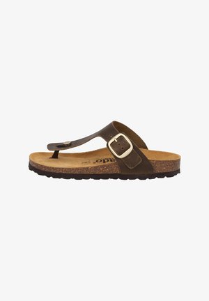 Brown leather thong sandal with a buckle accent, cork footbed, and textured rubber sole. Minimalist design suitable for casual wear.