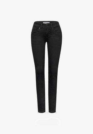 Black jeans with a slim fit, made of denim. Features include five pockets, a button fly, and decorative stitching on the front.
