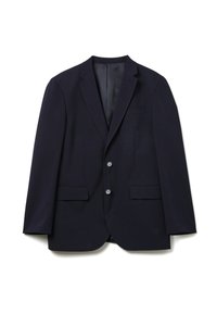 Navy blue blazer made of textured fabric, featuring a notched lapel, two front flap pockets, two-button closure, and a single back vent.
