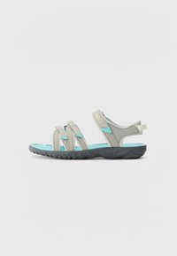 Gray and aqua sport sandals with multiple straps, textured rubber sole, and an open back design for breathability and comfort.