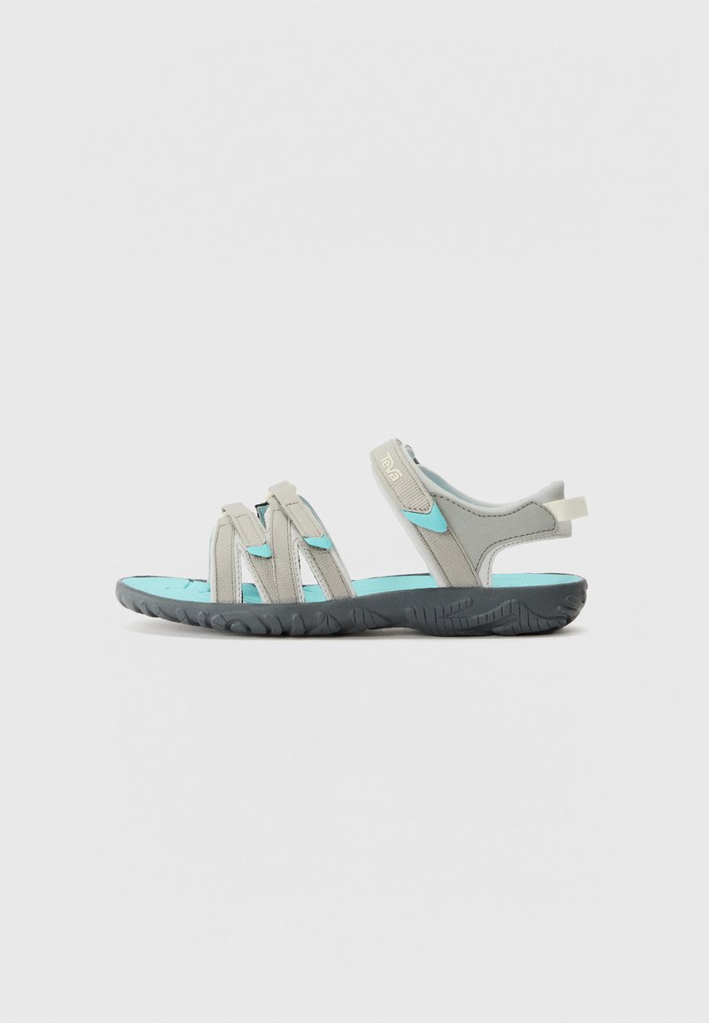 Gray and aqua sport sandals with multiple straps, textured rubber sole, and an open back design for breathability and comfort.