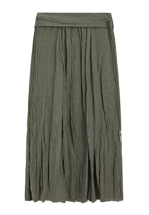 Długa oliwkowo-zielona plisowana spódnica z szerokim pasem i pofałdowaną teksturą tkaniny, opadająca prosto i płynnie.